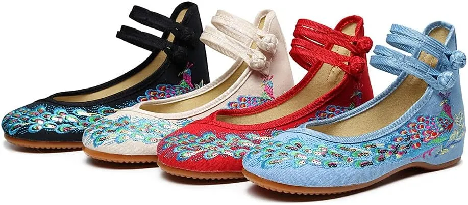 Womens Chinese Traditional Embroidery Flats Cheongsam Walking Mary Jane Shoes Handmade Flower Embroidered Shoes