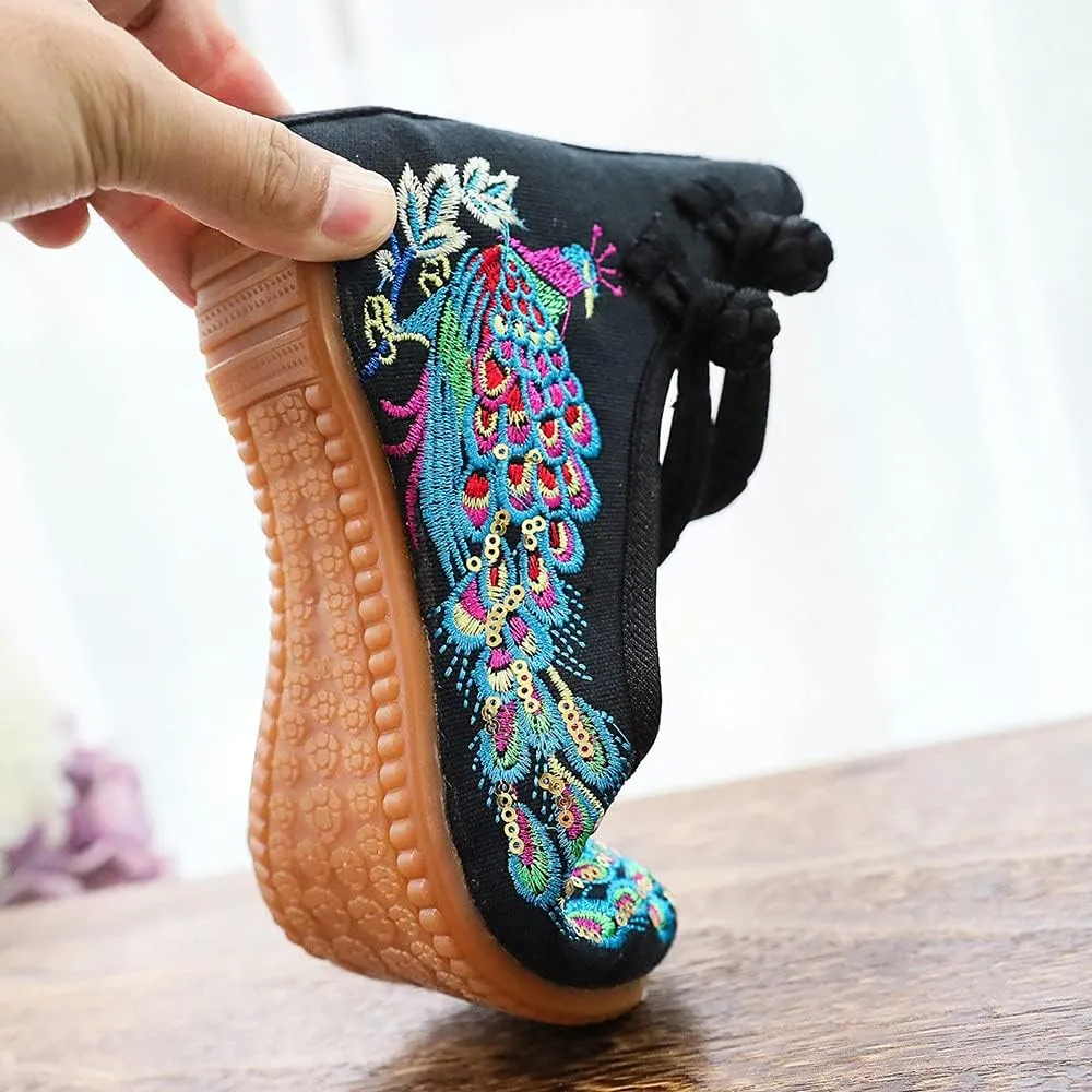 Womens Chinese Traditional Embroidery Flats Cheongsam Walking Mary Jane Shoes Handmade Flower Embroidered Shoes