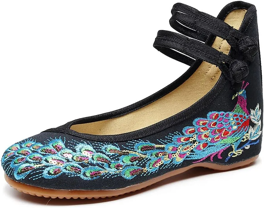 Womens Chinese Traditional Embroidery Flats Cheongsam Walking Mary Jane Shoes Handmade Flower Embroidered Shoes