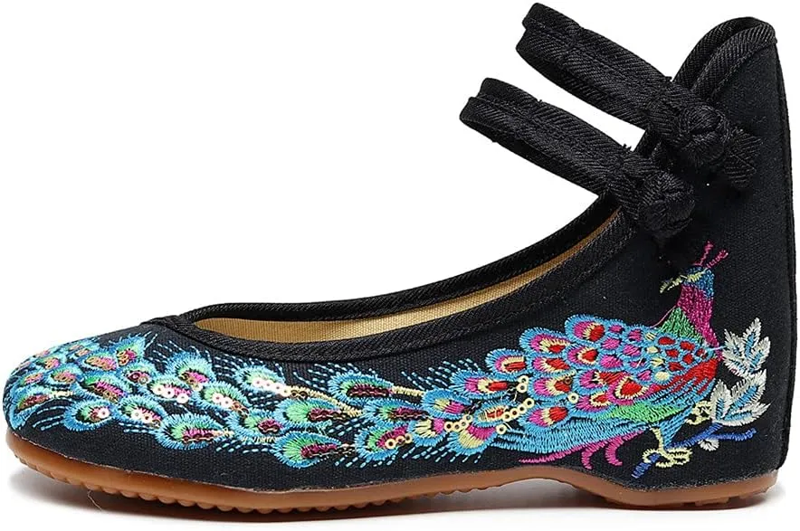 Womens Chinese Traditional Embroidery Flats Cheongsam Walking Mary Jane Shoes Handmade Flower Embroidered Shoes