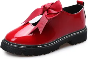 Women's Classic Genuine Leather Penny Loafers, Lolita Round Toe Bow Patent Leather Slip on Platform Loafer Shoes
