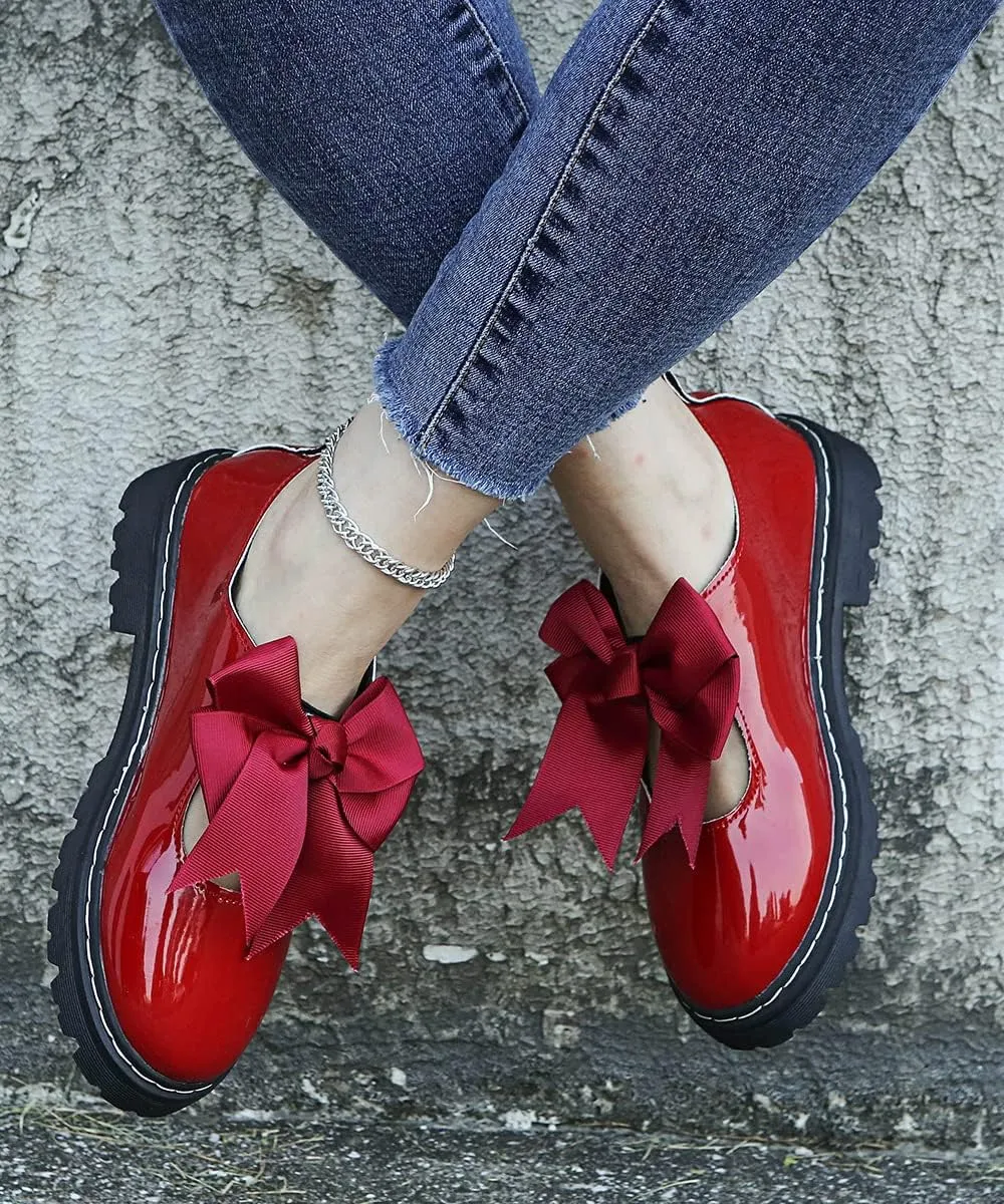 Women's Classic Genuine Leather Penny Loafers, Lolita Round Toe Bow Patent Leather Slip on Platform Loafer Shoes