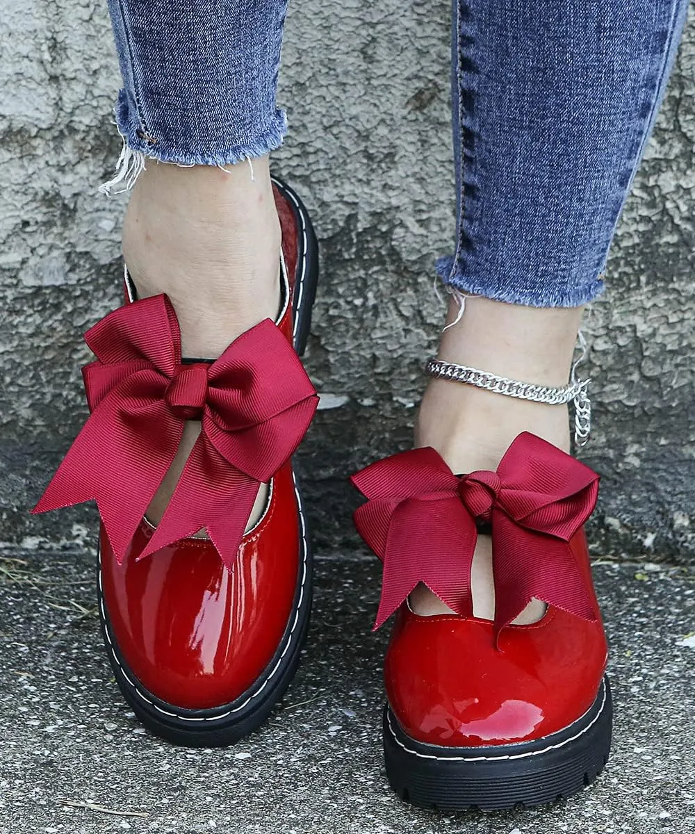 Women's Classic Genuine Leather Penny Loafers, Lolita Round Toe Bow Patent Leather Slip on Platform Loafer Shoes