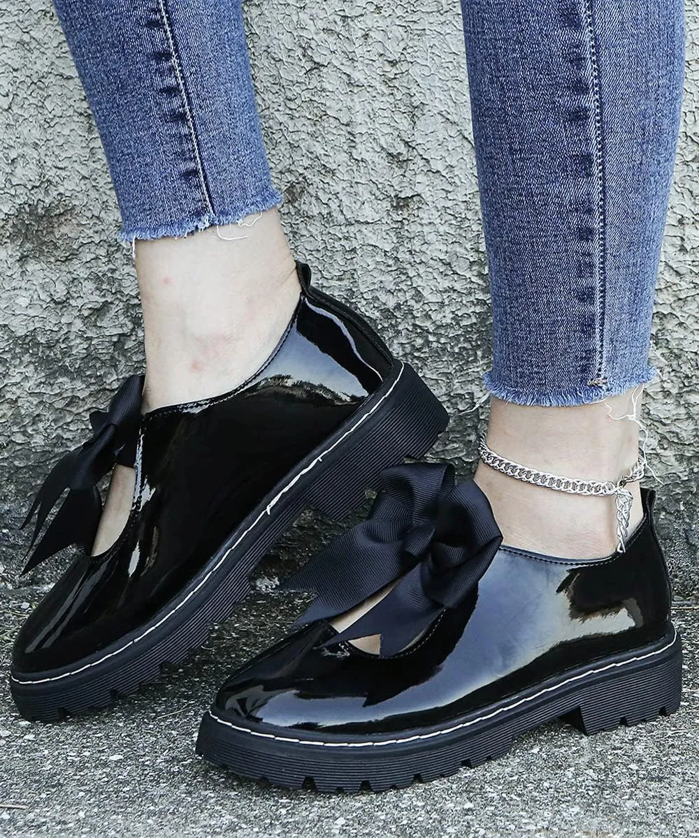 Women's Classic Genuine Leather Penny Loafers, Lolita Round Toe Bow Patent Leather Slip on Platform Loafer Shoes
