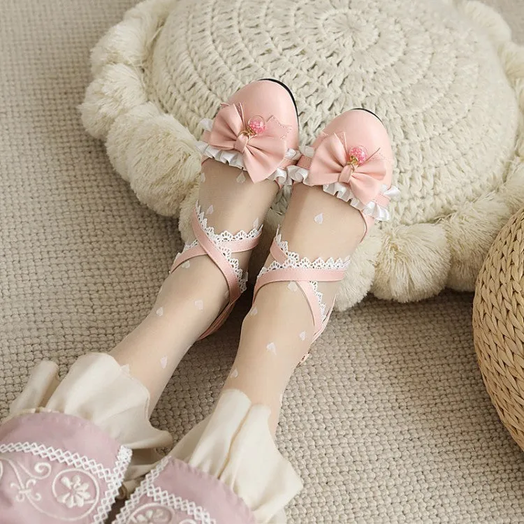 Women's Closed Toe Lolita Lace Butterfly Knot Round Toe Block Heel Sandals