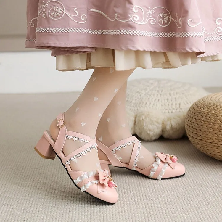 Women's Closed Toe Lolita Lace Butterfly Knot Round Toe Block Heel Sandals