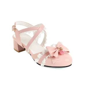 Women's Closed Toe Lolita Lace Butterfly Knot Round Toe Block Heel Sandals
