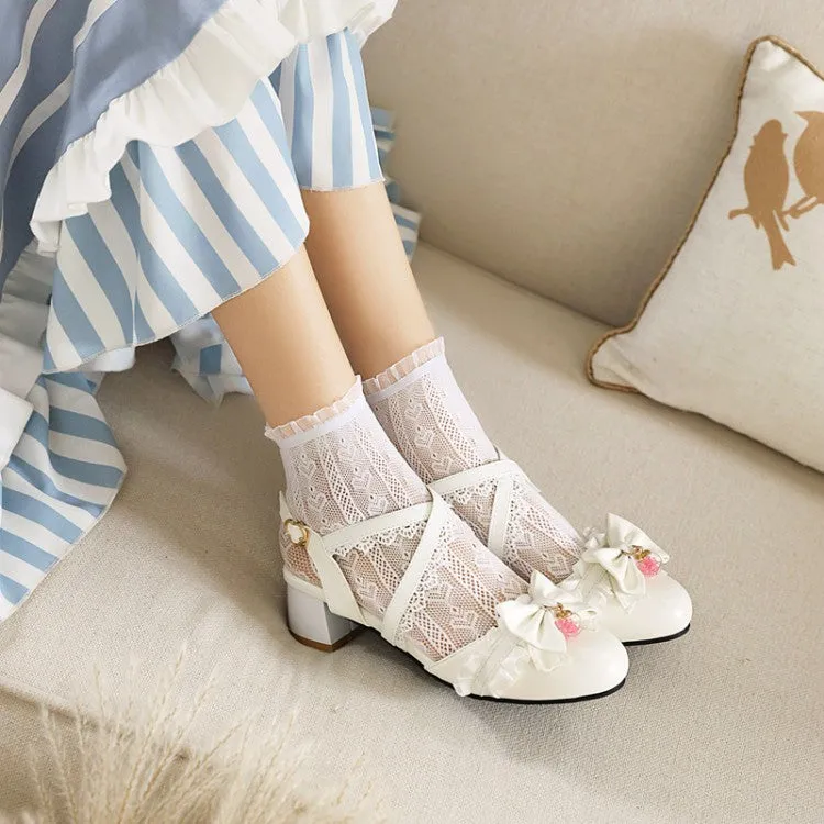 Women's Closed Toe Lolita Lace Butterfly Knot Round Toe Block Heel Sandals