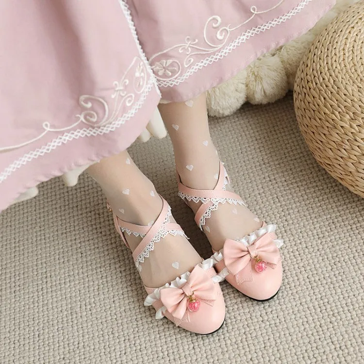 Women's Closed Toe Lolita Lace Butterfly Knot Round Toe Block Heel Sandals