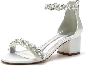 Women's Crystal Satin Wedding Shoes for Bride Low Heels Comfortable Bridal Shoes White Block Heels Chunky Formal Evening Party Prom Sandals Pumps