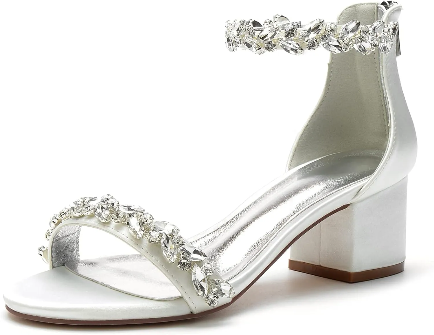 Women's Crystal Satin Wedding Shoes for Bride Low Heels Comfortable Bridal Shoes White Block Heels Chunky Formal Evening Party Prom Sandals Pumps