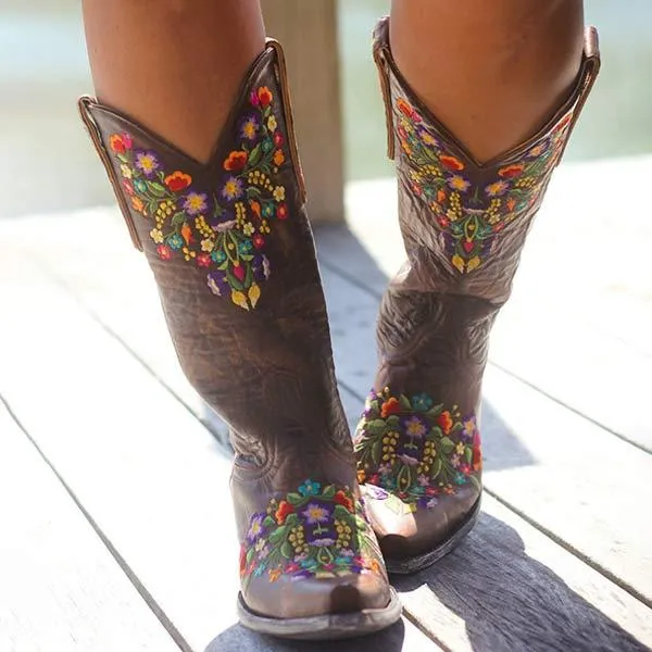 Women's Embroidered Mid-Heel Low-Calf Slip-on Boots 76962456C