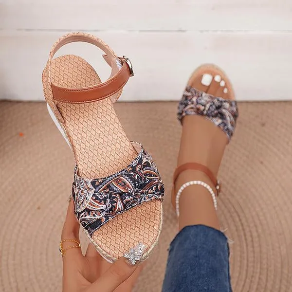 Women's Ethnic Print Wedge Buckled Roman Sandals 84906039S
