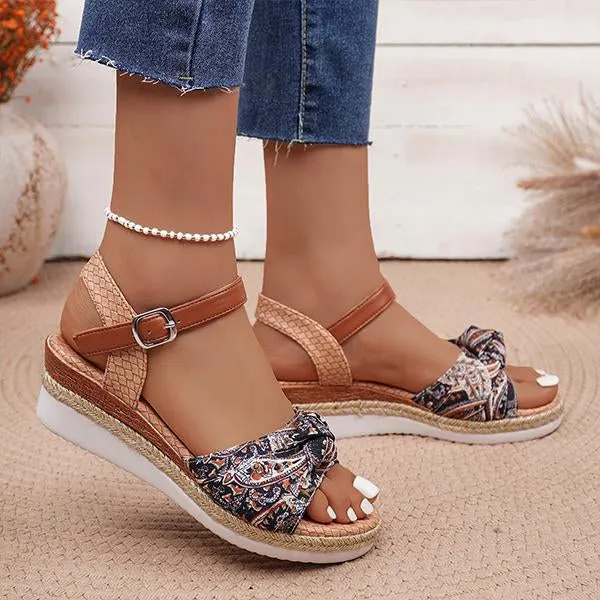 Women's Ethnic Print Wedge Buckled Roman Sandals 84906039S