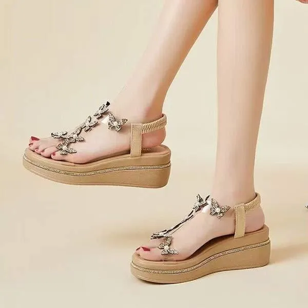 Women's Floral Rhinestone Wedge Sandals with Thick Sole 88755393C