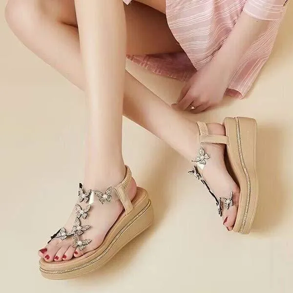 Women's Floral Rhinestone Wedge Sandals with Thick Sole 88755393C