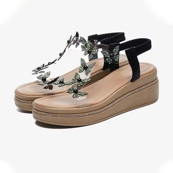 Women's Floral Rhinestone Wedge Sandals with Thick Sole 88755393C