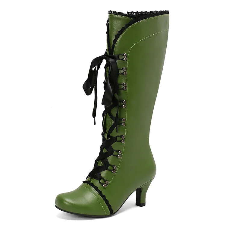 Women's Lace Lace-Up Hoof Heel Knee High Boots