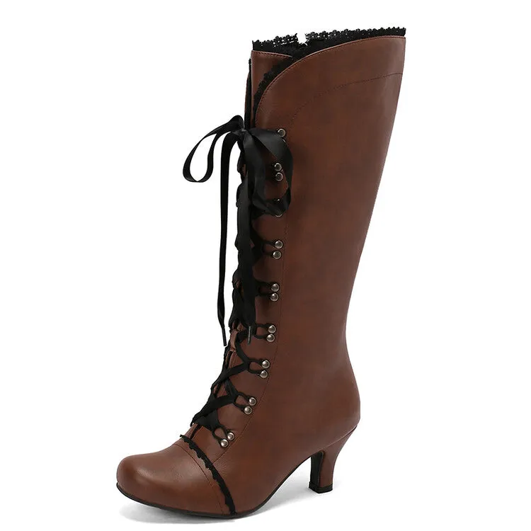 Women's Lace Lace-Up Hoof Heel Knee High Boots