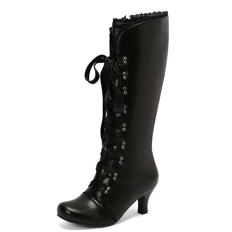 Women's Lace Lace-Up Hoof Heel Knee High Boots