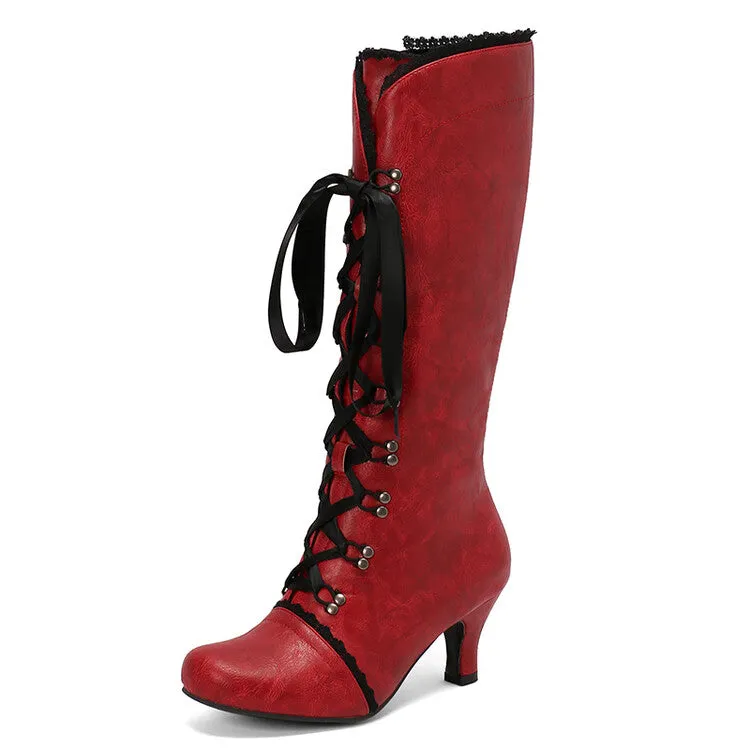Women's Lace Lace-Up Hoof Heel Knee High Boots