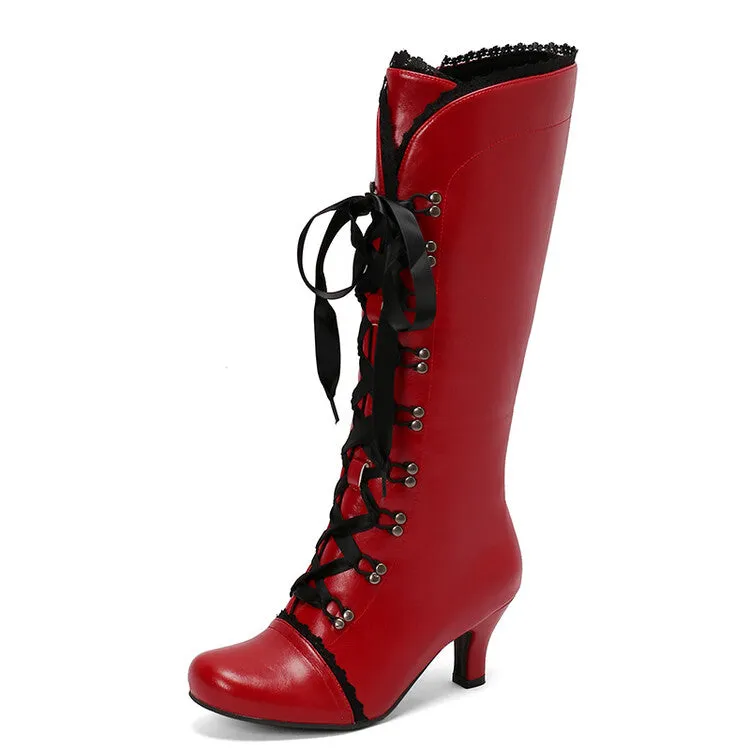 Women's Lace Lace-Up Hoof Heel Knee High Boots