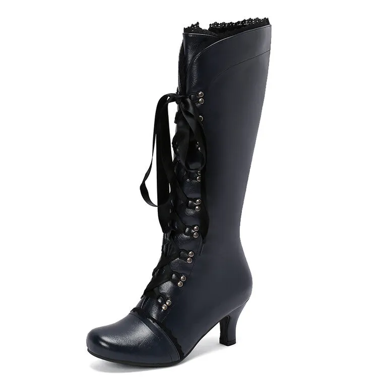 Women's Lace Lace-Up Hoof Heel Knee High Boots