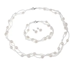 Women's Ladies Natural White Freshwater Pearl Necklace Bracelet Earrings Jewellery Set
