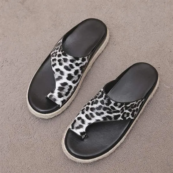Women's Leopard Print Toe Ring Espadrille Platform Slide Sandals 30092348C