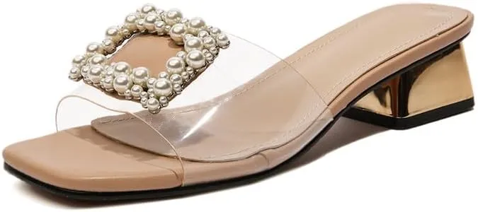Women's Low Heels Clear Sandals Slip On Block Heel Chunky Wedding Dress Shoes