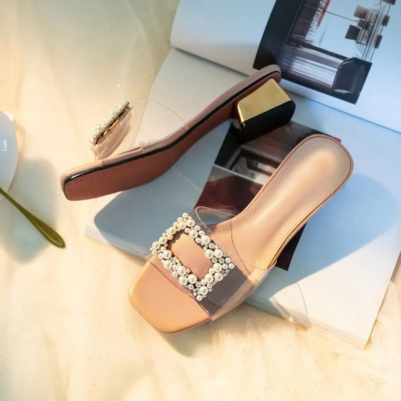 Women's Low Heels Clear Sandals Slip On Block Heel Chunky Wedding Dress Shoes