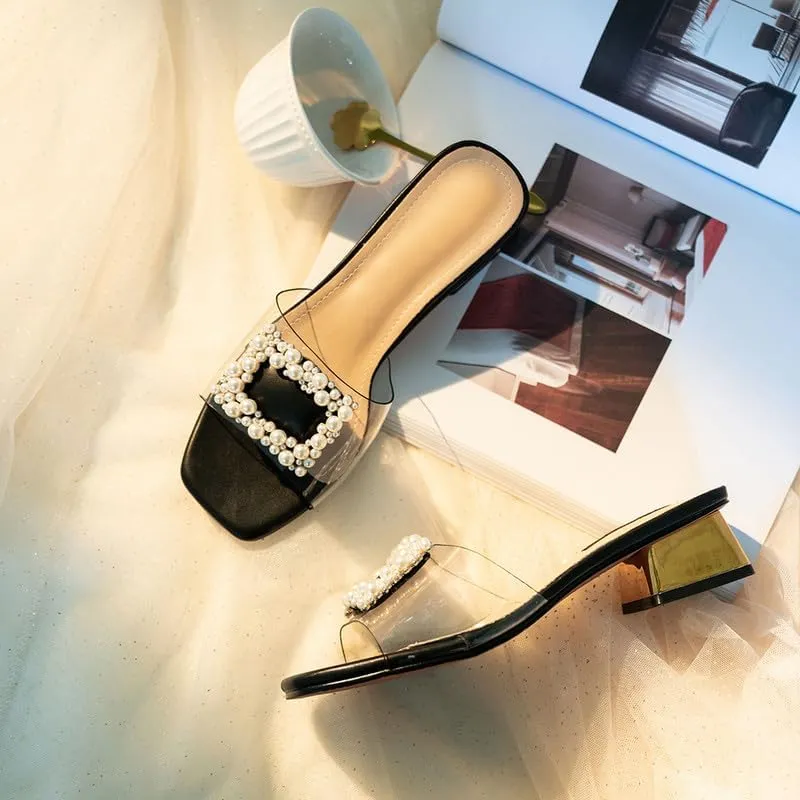 Women's Low Heels Clear Sandals Slip On Block Heel Chunky Wedding Dress Shoes