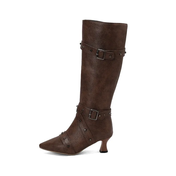 Women's Rivets Pointed Toe Hoof Heel Knee-High Boots