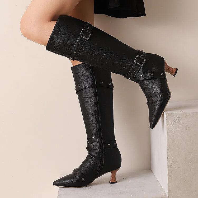 Women's Rivets Pointed Toe Hoof Heel Knee-High Boots