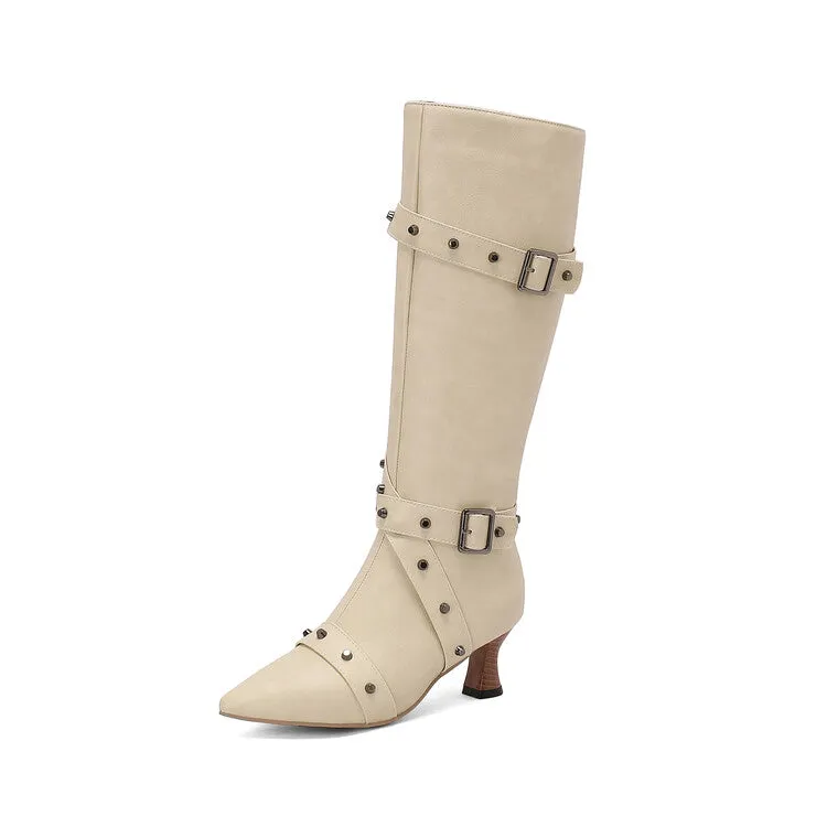 Women's Rivets Pointed Toe Hoof Heel Knee-High Boots