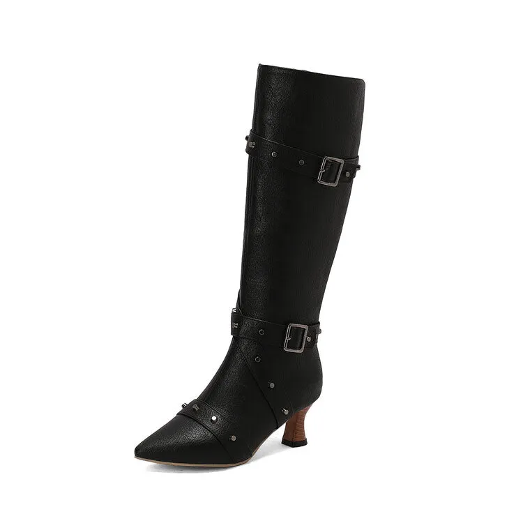 Women's Rivets Pointed Toe Hoof Heel Knee-High Boots