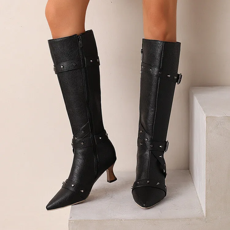 Women's Rivets Pointed Toe Hoof Heel Knee-High Boots