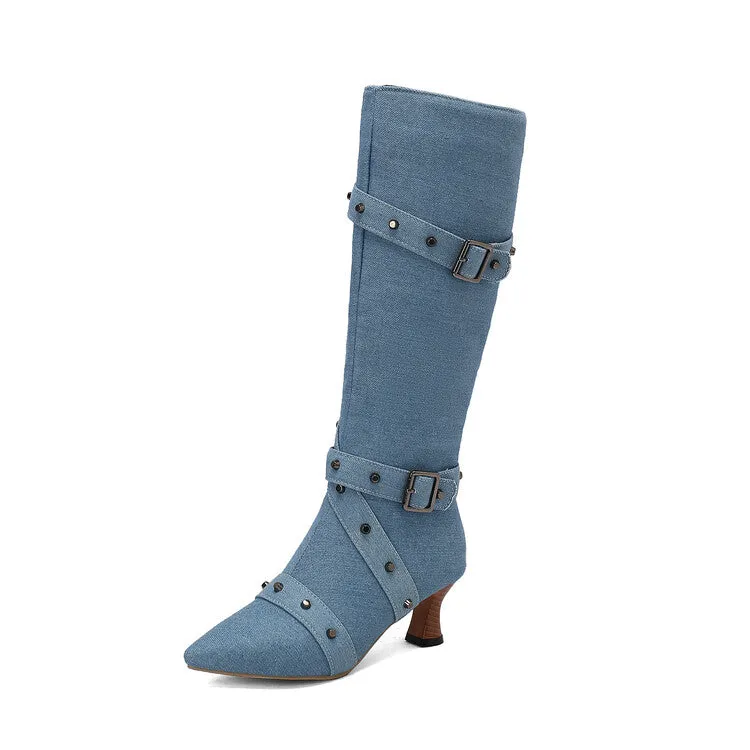 Women's Rivets Pointed Toe Hoof Heel Knee-High Boots