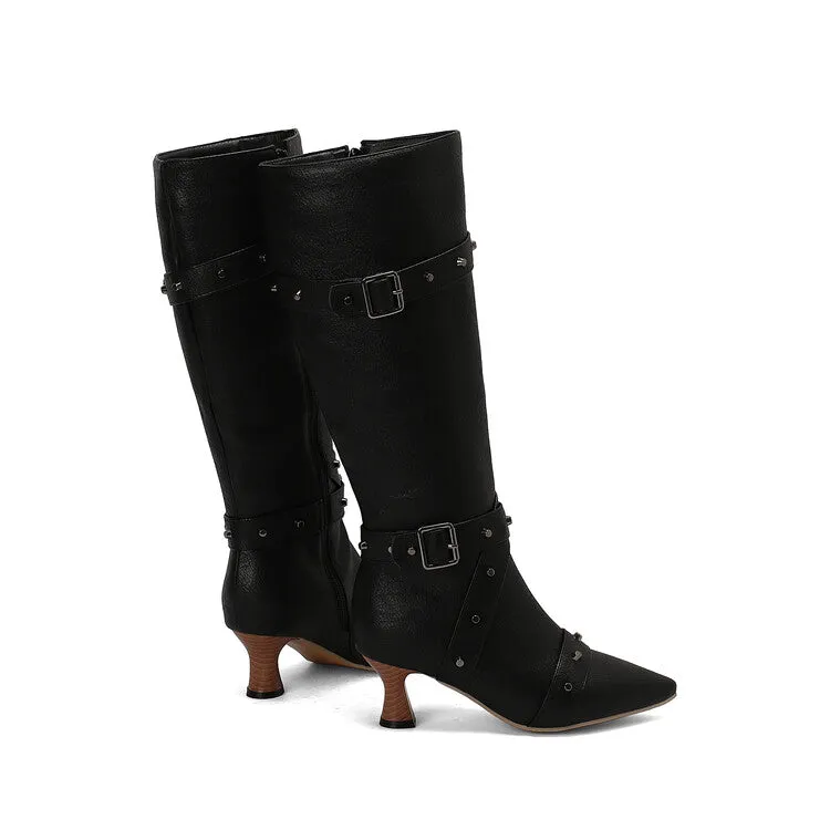 Women's Rivets Pointed Toe Hoof Heel Knee-High Boots