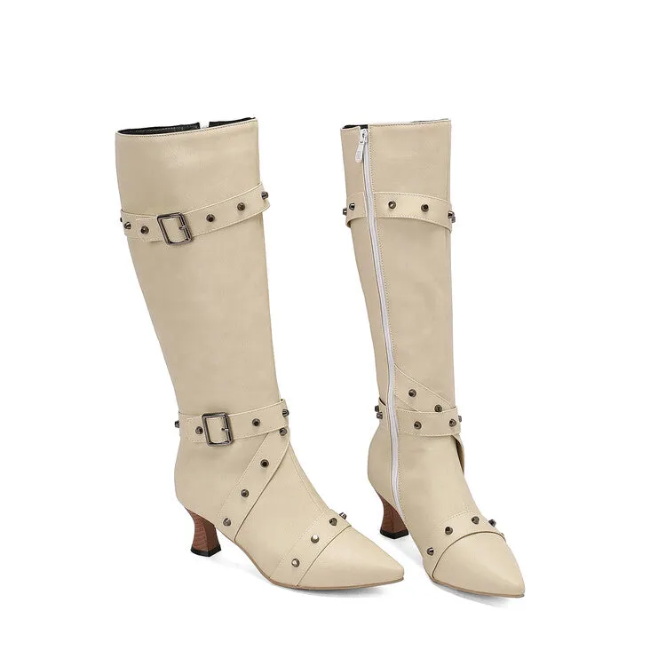 Women's Rivets Pointed Toe Hoof Heel Knee-High Boots