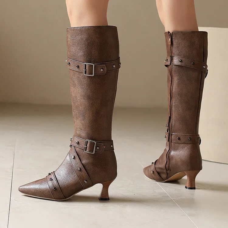 Women's Rivets Pointed Toe Hoof Heel Knee-High Boots