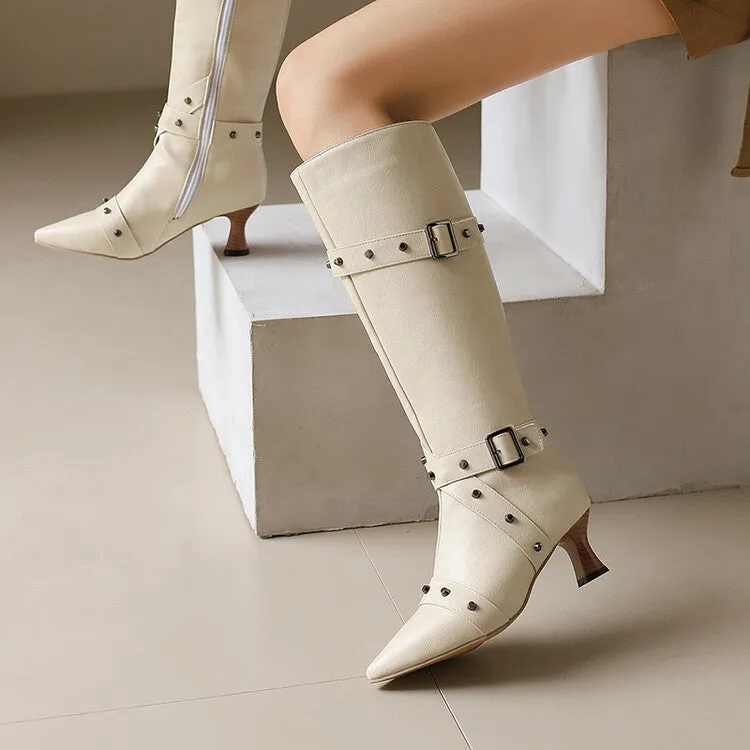 Women's Rivets Pointed Toe Hoof Heel Knee-High Boots