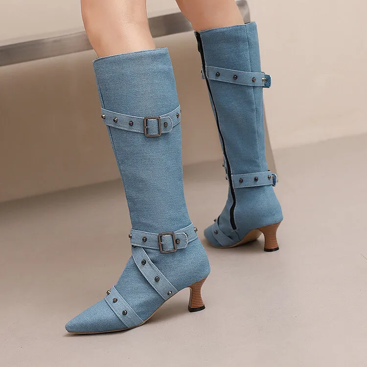 Women's Rivets Pointed Toe Hoof Heel Knee-High Boots