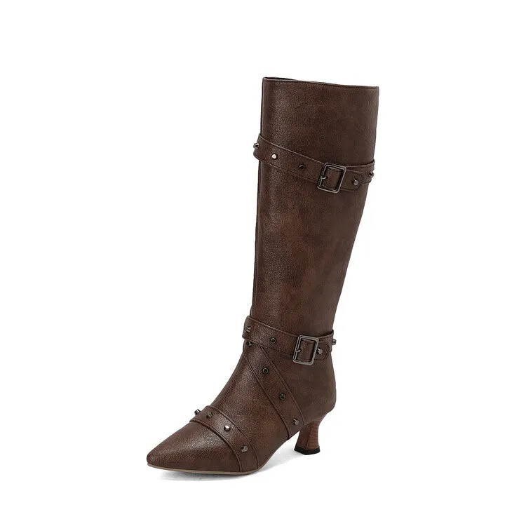 Women's Rivets Pointed Toe Hoof Heel Knee-High Boots