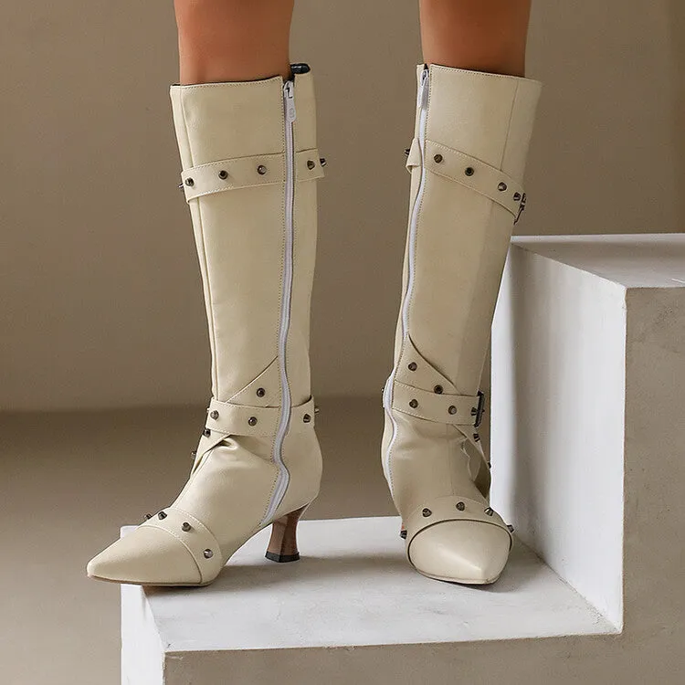 Women's Rivets Pointed Toe Hoof Heel Knee-High Boots