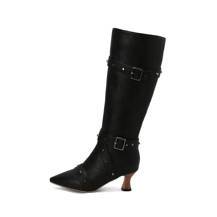 Women's Rivets Pointed Toe Hoof Heel Knee-High Boots