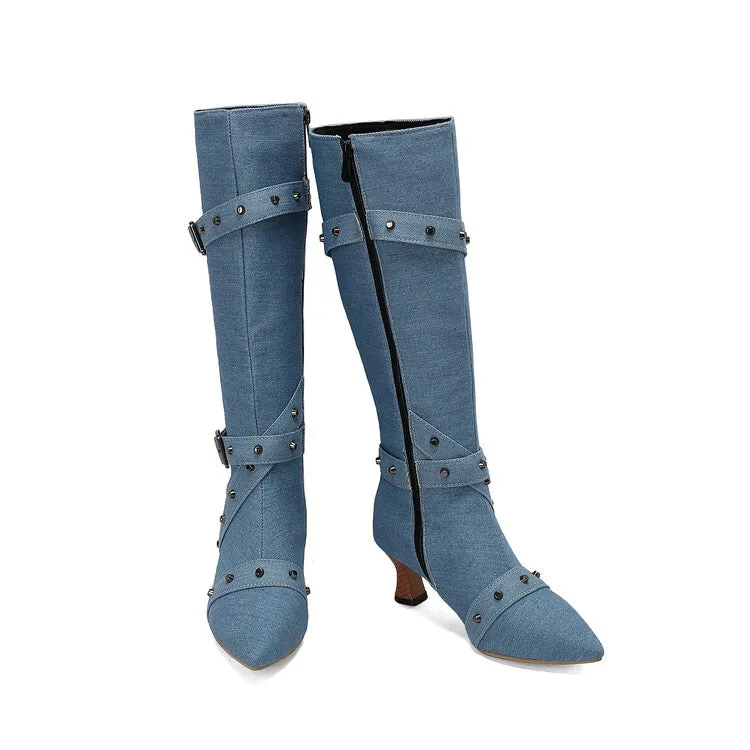Women's Rivets Pointed Toe Hoof Heel Knee-High Boots
