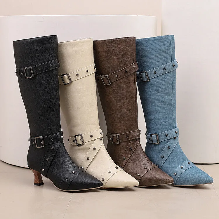 Women's Rivets Pointed Toe Hoof Heel Knee-High Boots