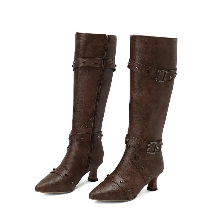 Women's Rivets Pointed Toe Hoof Heel Knee-High Boots