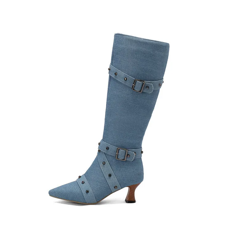 Women's Rivets Pointed Toe Hoof Heel Knee-High Boots